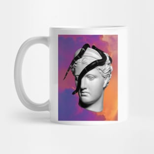 Head In The Clouds, Trippy Abstract Collage Composition; Snake, Sculpture, and Colorful Clouds Mug